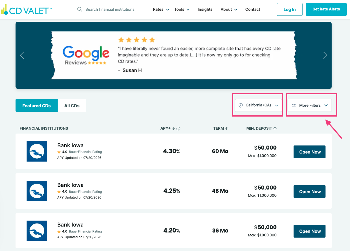 A screenshot of CD Valet's home page, highlighting the filtering capabilities
