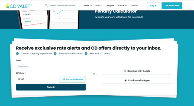 A screenshot of a section on the CD Valet home page where users can subscribe to receive rate alerts via email.